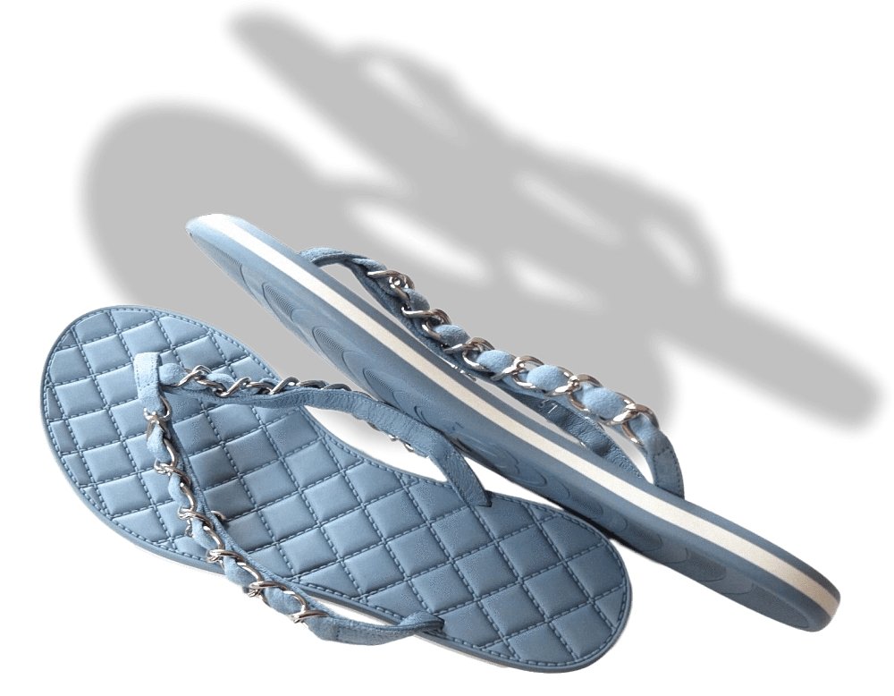 Chanel 2015 Blue Leather Tongs Intertwined Chains Flat Women Shoes, Sz37, NIB! - poupishop
