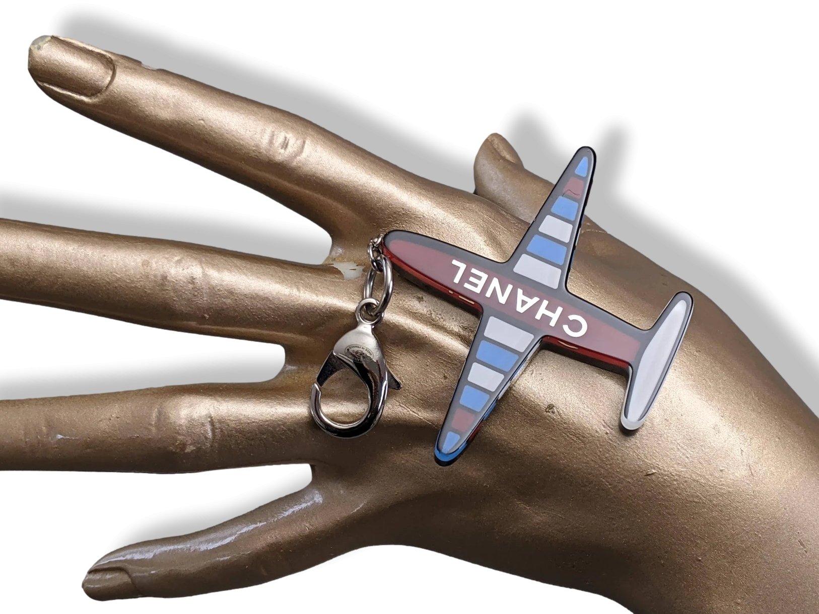 Chanel 2016 Blue/White/Red Resin Striped Airplane Keychain KeyRing, New! - poupishop