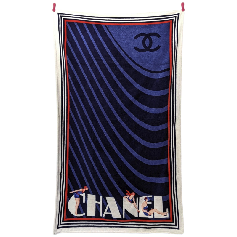 Chanel Vintage Navy "Baigneuses" Terry Cotton Beach Towel 100 x 175 cm