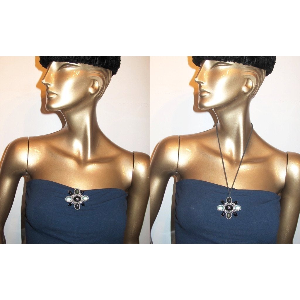 Chanel Black Green Poured Glass Gripoix Pendant Brooch, New! - poupishop