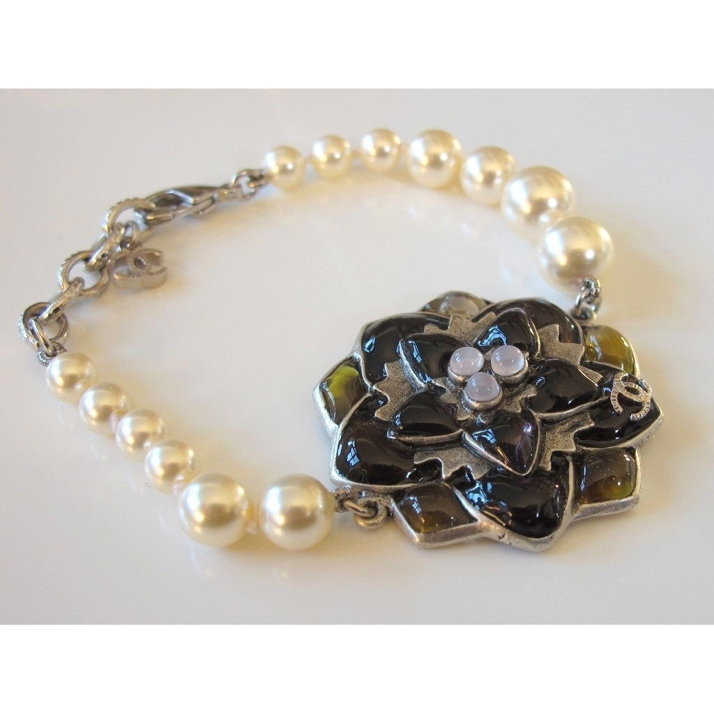 Chanel Camelia Poured Glass and Pearls Gripoix Bracelet, NIB! - poupishop
