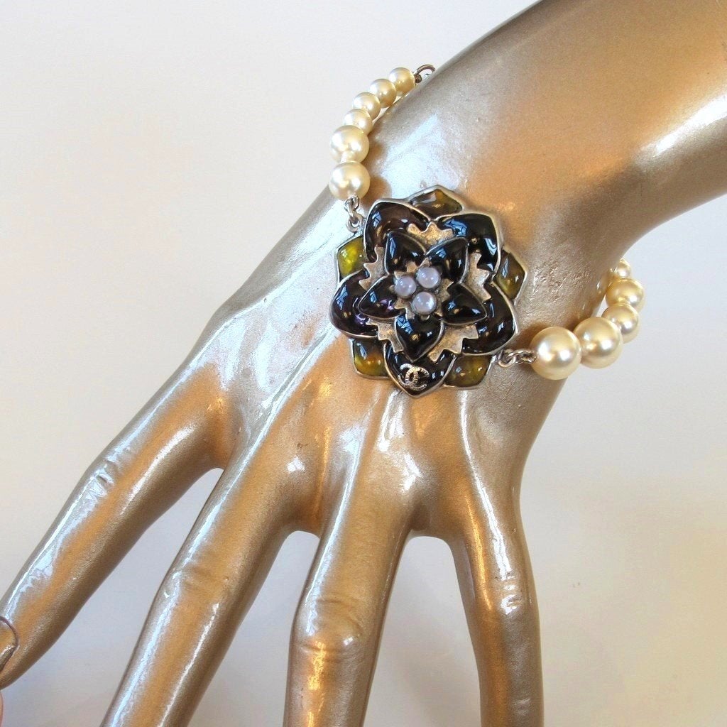 Chanel Camelia Poured Glass and Pearls Gripoix Bracelet, NIB! - poupishop