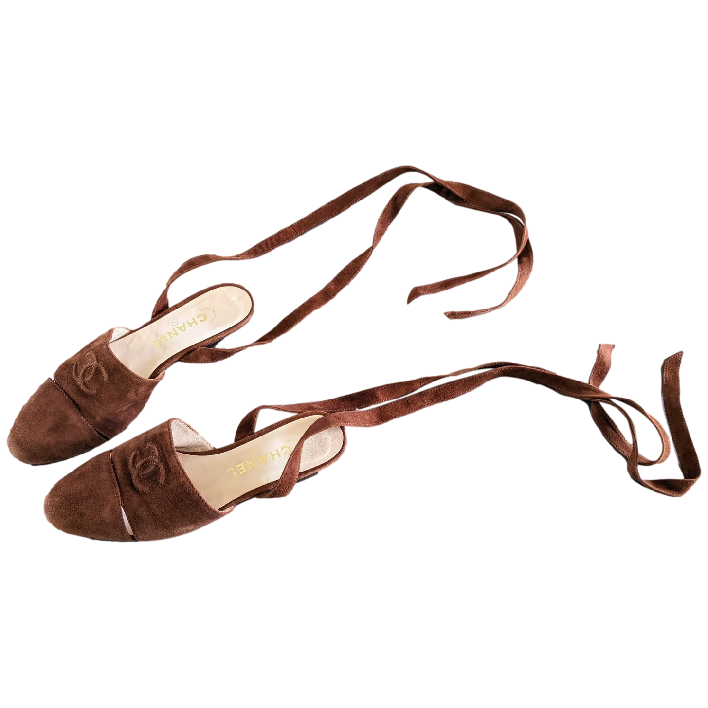 Chanel 1990s Noisette Suede Spartiates Flat Pumps en Daim Xtra Soft Sz 38