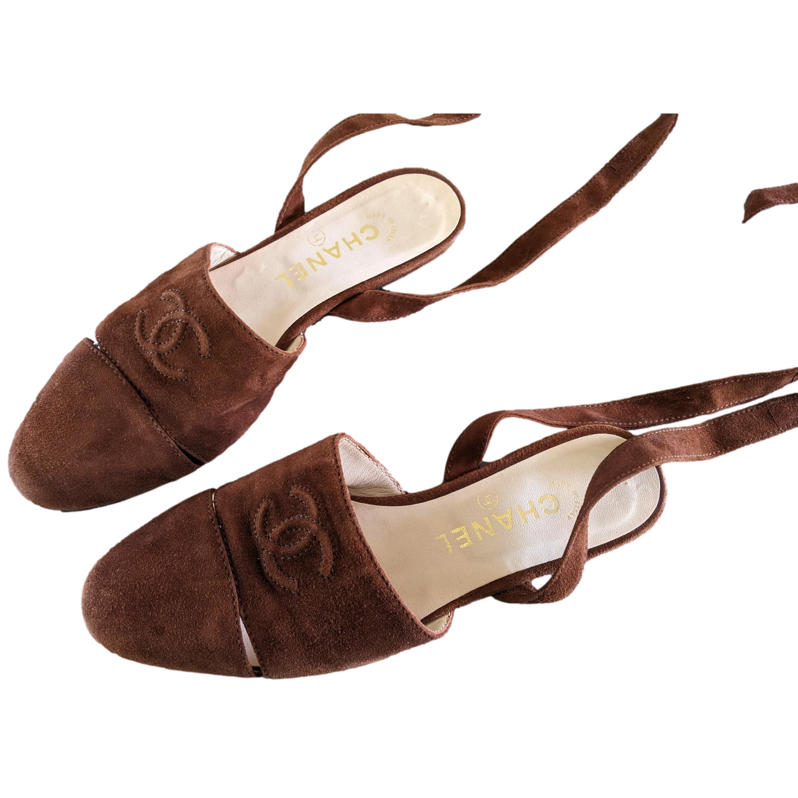 Chanel 1990s Noisette Suede Spartiates Flat Pumps en Daim Xtra Soft Sz 38