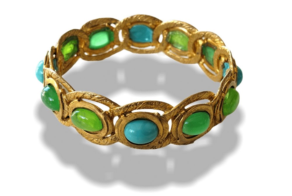 Chanel Vintage 1970s Green Turquoise Poured Glass and Stones Bangle Bracelet - poupishop