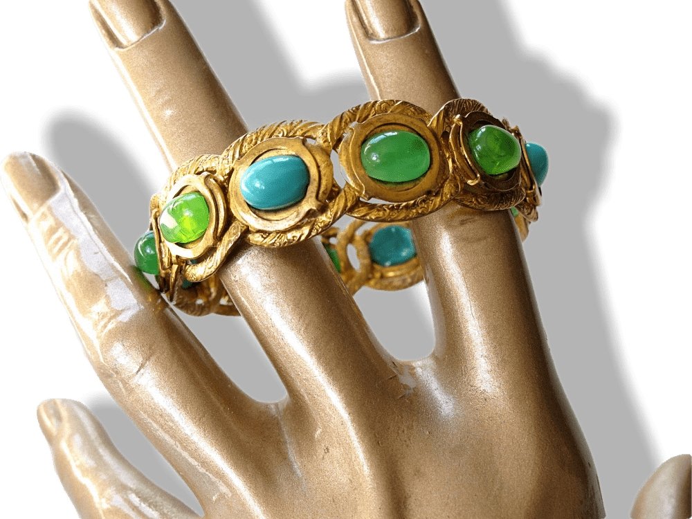 Chanel Vintage 1970s Green Turquoise Poured Glass and Stones Bangle Bracelet - poupishop