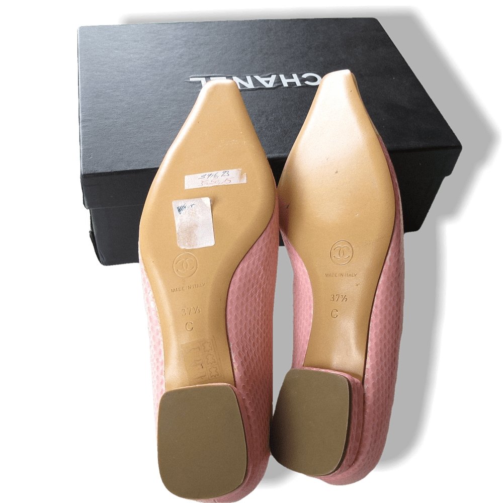 Chanel Vintage Pink Exotic Lizard & Cream Leather Square-Toe Flat Women Shoes, NIB! - poupishop