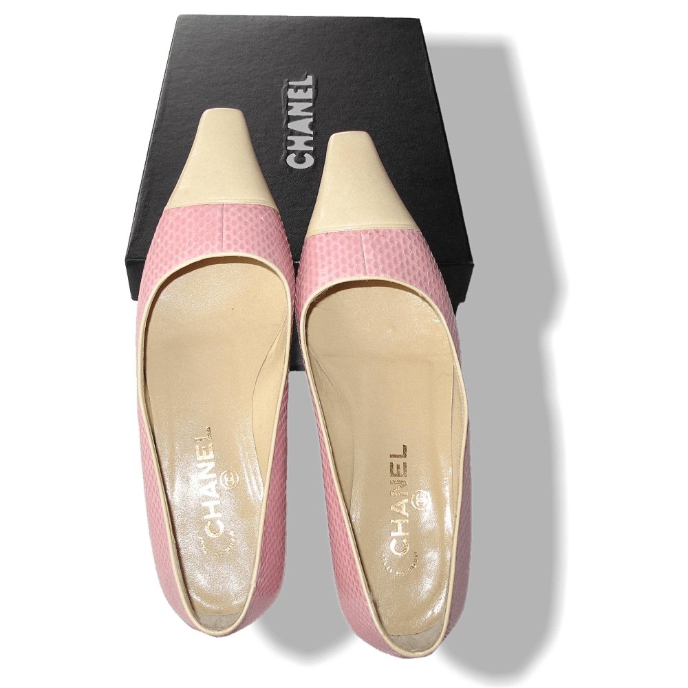 Chanel Vintage Pink Exotic Lizard & Cream Leather Square-Toe Flat Women Shoes, NIB! - poupishop