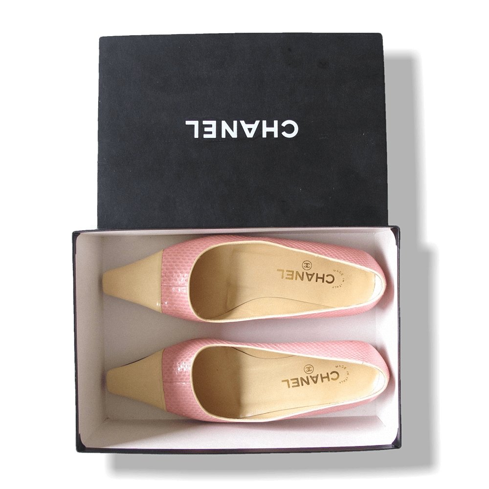 Chanel Vintage Pink Exotic Lizard & Cream Leather Square-Toe Flat Women Shoes, NIB! - poupishop