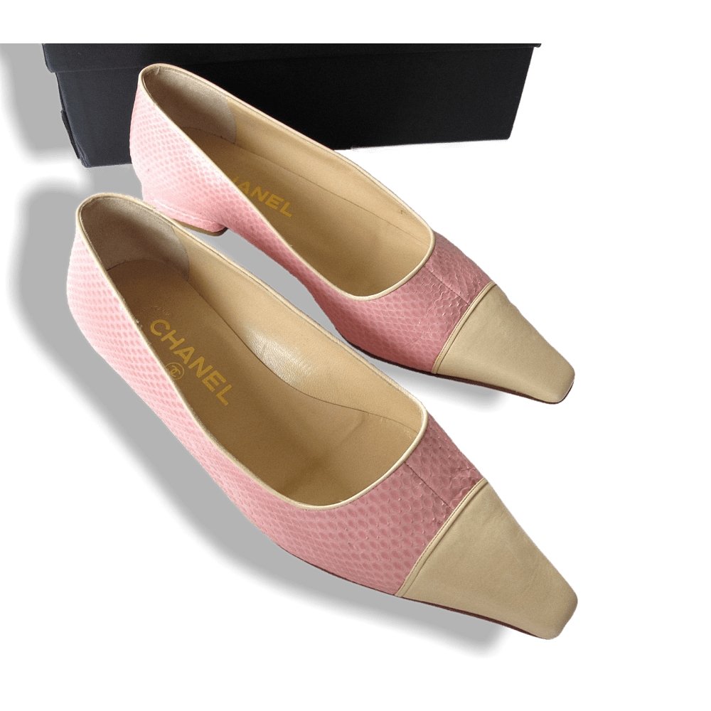Chanel Vintage Pink Exotic Lizard & Cream Leather Square-Toe Flat Women Shoes, NIB! - poupishop
