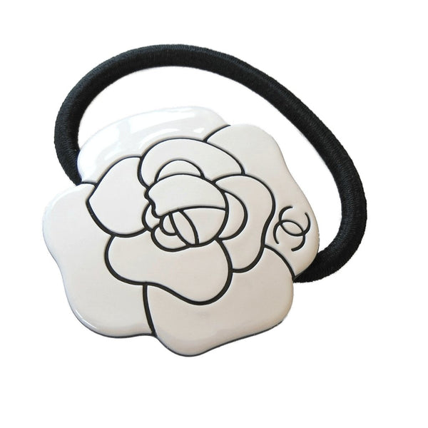 Chanel White & Black Camelia Hair Tie VIP - poupishop