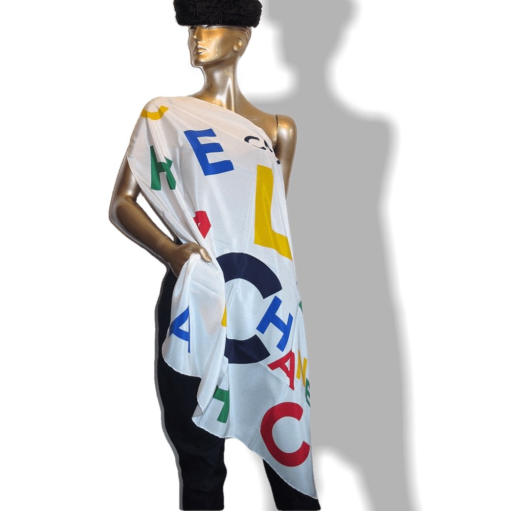 Chanel White Multi Letters Crepe of Silk Scarf 90cmcm, New! - poupishop