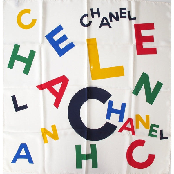 Chanel White Multi Letters Crepe of Silk Scarf 90cmcm, New! - poupishop