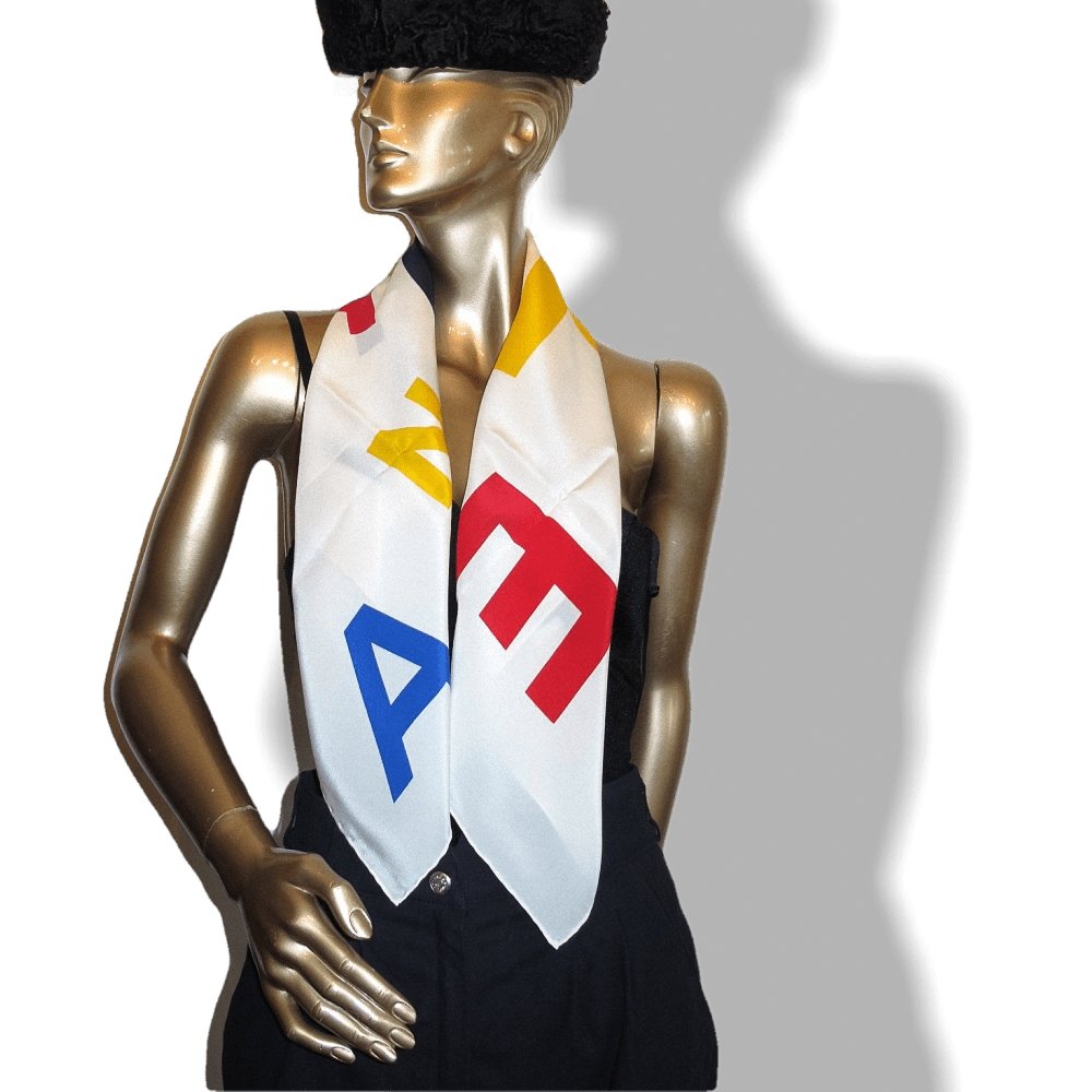 Chanel White Multi Letters Crepe of Silk Scarf 90cmcm, New! - poupishop