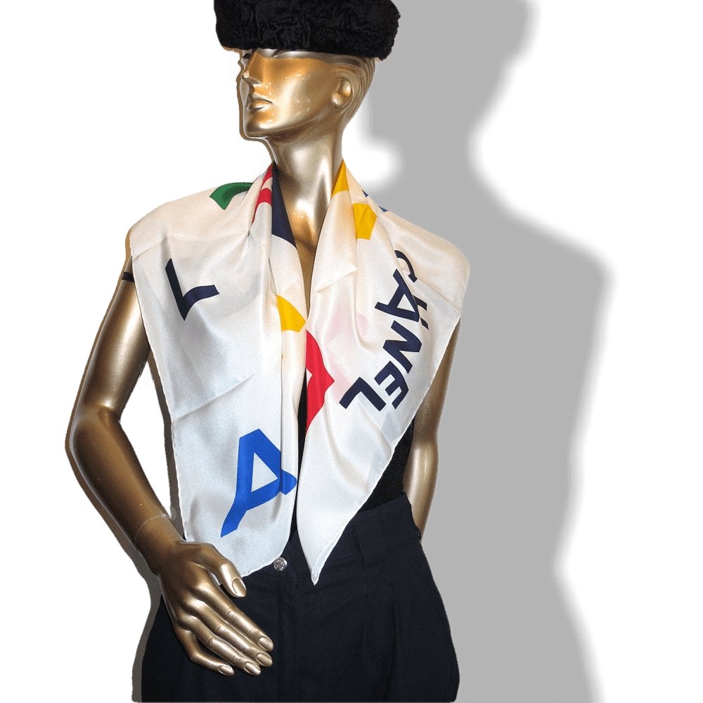 Chanel White Multi Letters Crepe of Silk Scarf 90cmcm, New! - poupishop