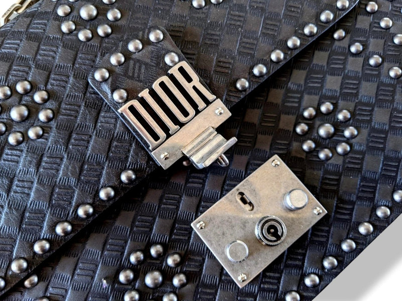 Christian Dior Black/Aged Metal Calfskin Studs Dioraddict M 24 cm Flap Bag, New! - poupishop