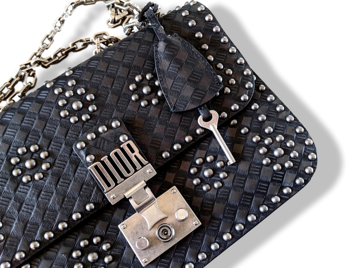 Christian Dior Black/Aged Metal Calfskin Studs DIORADDICT M 24 cm Flap Bag, New! - poupishop