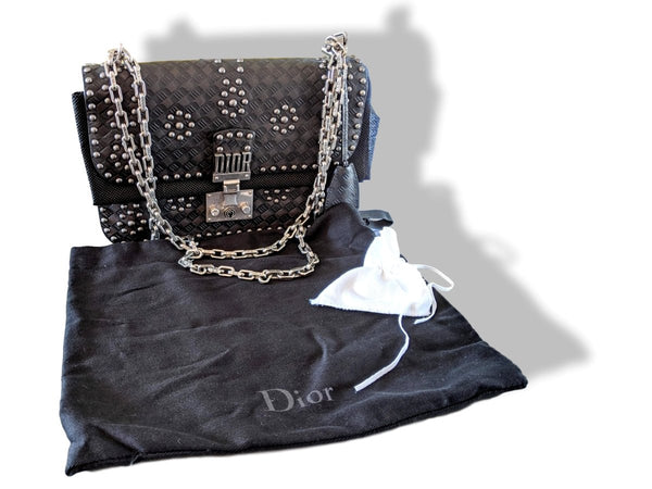 Christian Dior Black/Aged Metal Calfskin Studs DIORADDICT M 24 cm Flap Bag, New! - poupishop