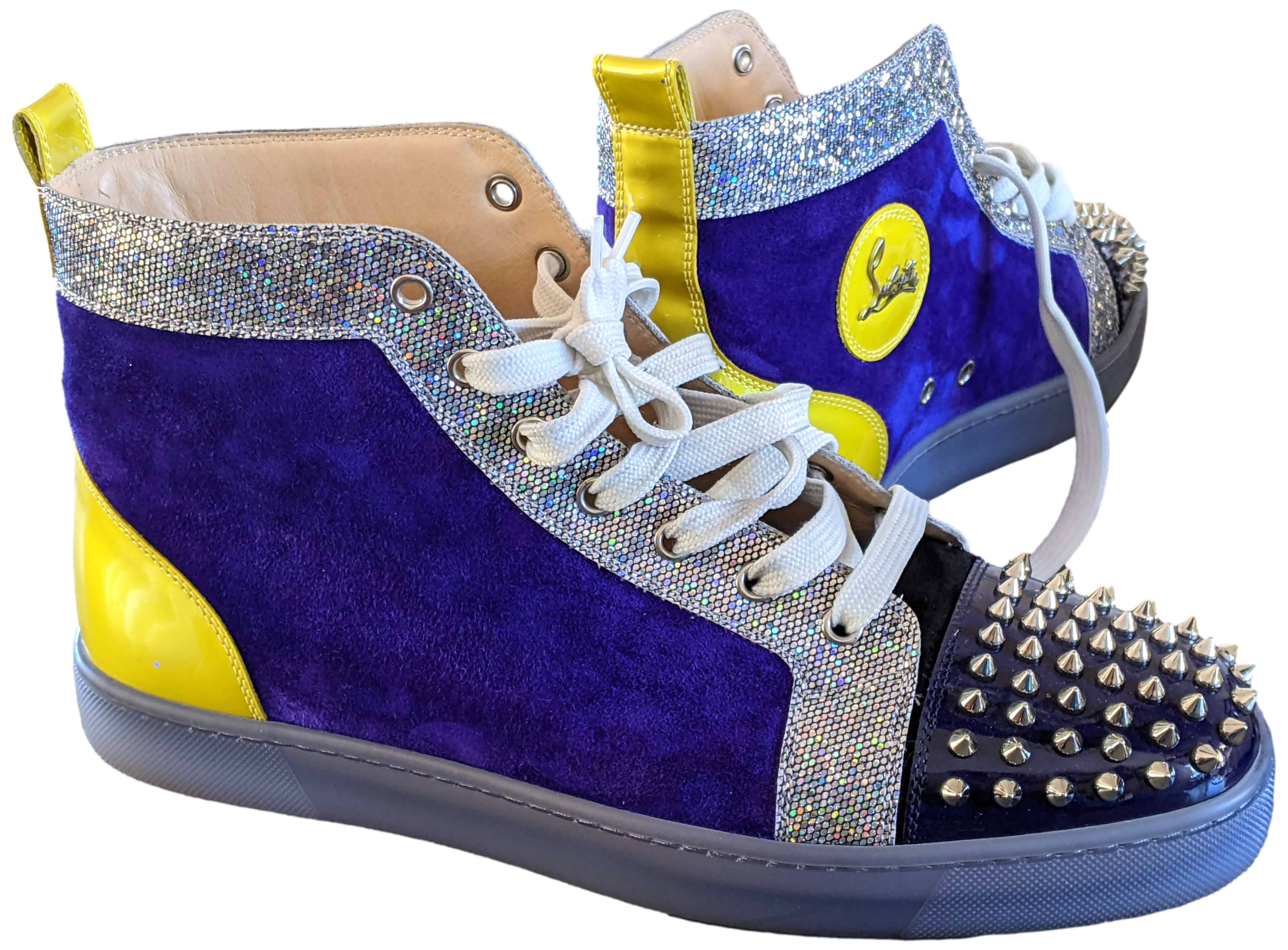 Christian Louboutin Neon/Purple Suede/Sequins " Lou Spikes " High Top Sneakers Sz44