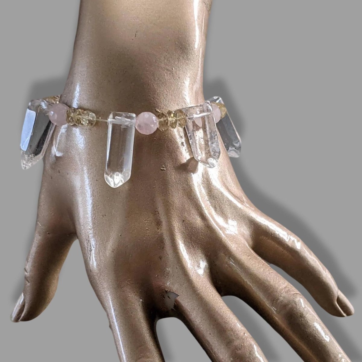 Citrin/Rosenquarz/Rock Crystal Natural Stone Elasticated Bracelet, NWT! - poupishop
