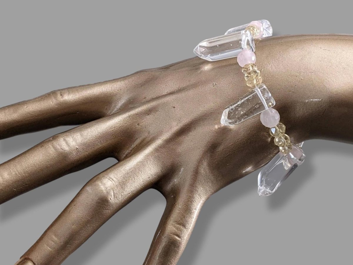 Citrin/Rosenquarz/Rock Crystal Natural Stone Elasticated Bracelet, NWT! - poupishop