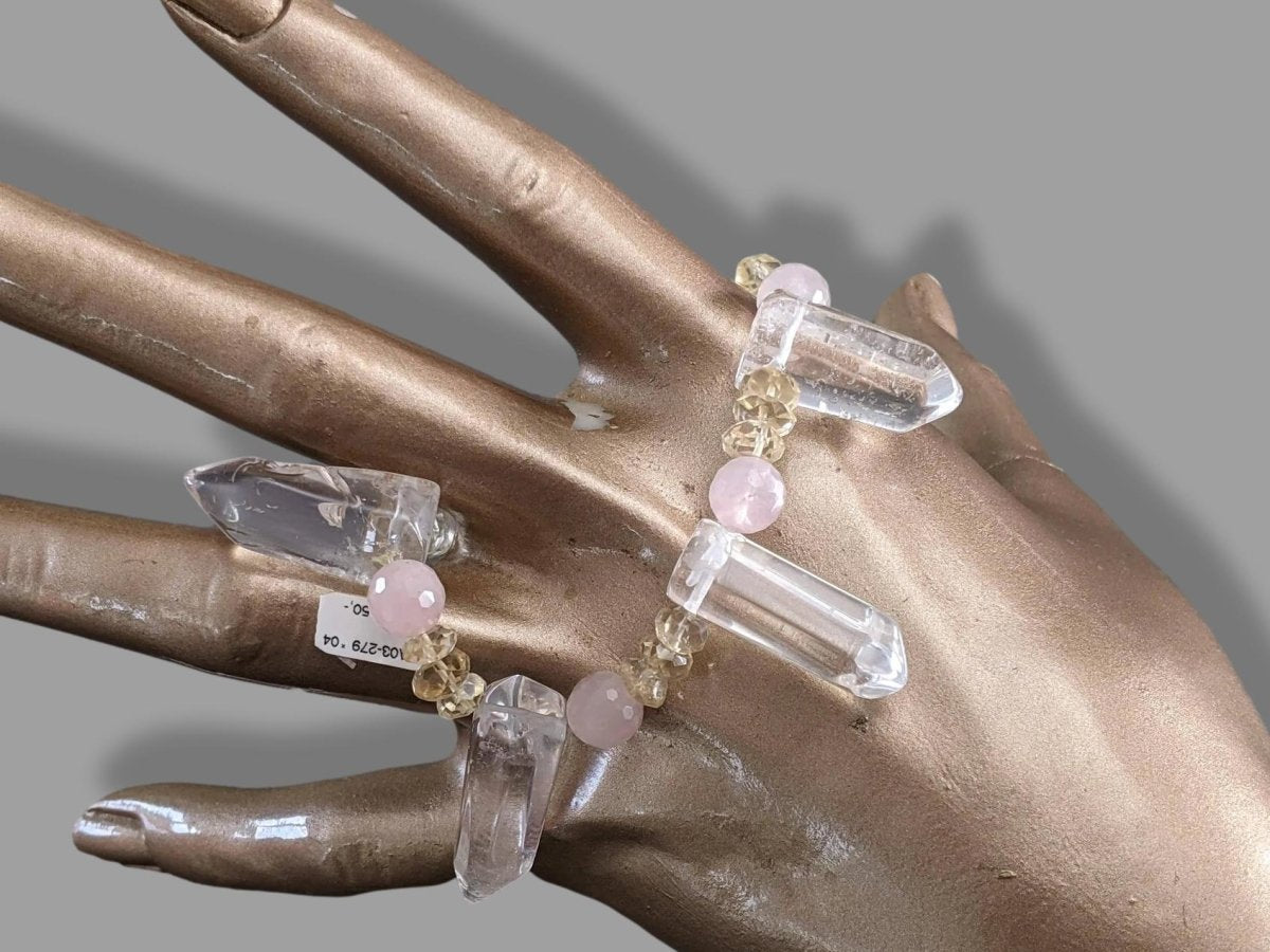 Citrin/Rosenquarz/Rock Crystal Natural Stone Elasticated Bracelet, NWT! - poupishop