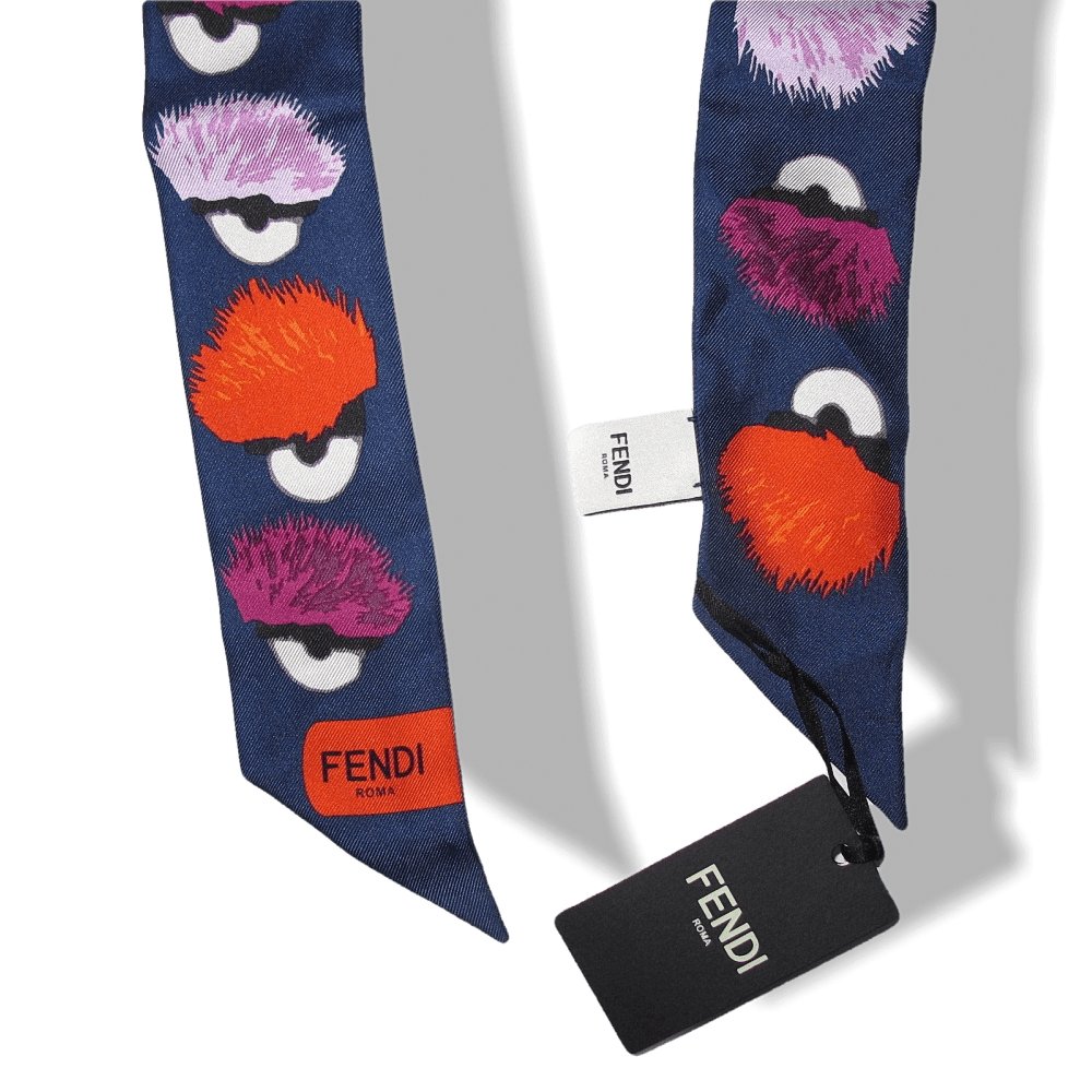 Fendi Blue Denim/Rose Printed Creatures Monster Twilly, NWT! - poupishop