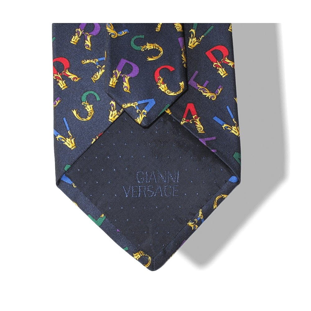 Gianni Versace Brand Letters Navy Multi Silk Tie, New! - poupishop