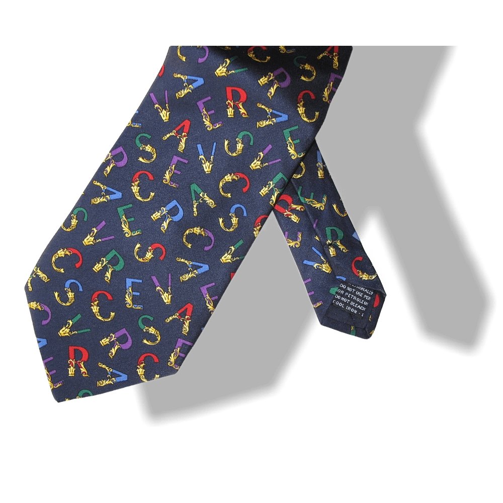 Gianni Versace Brand Letters Navy Multi Silk Tie, New! - poupishop