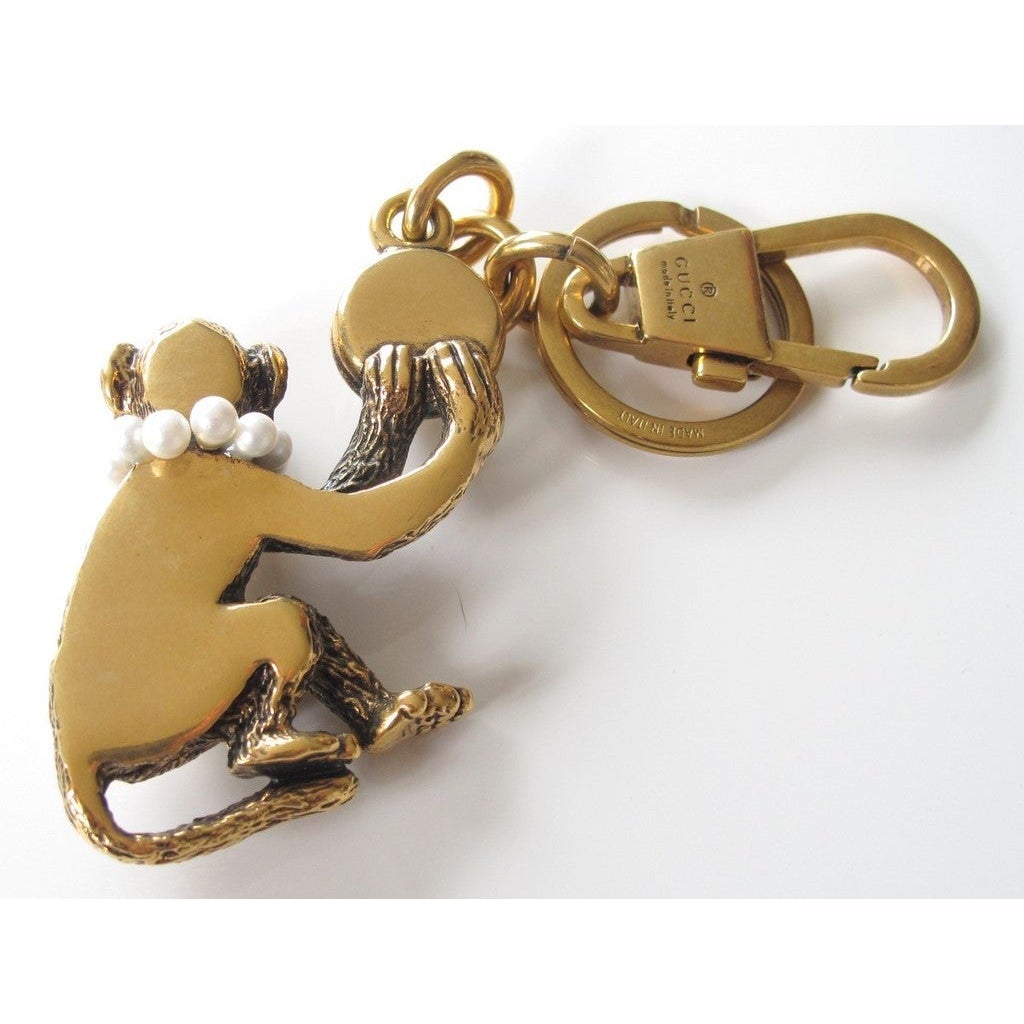 GUCCI Carved Brass & Pearls Monkey KeyRing, Bag Charm - poupishop