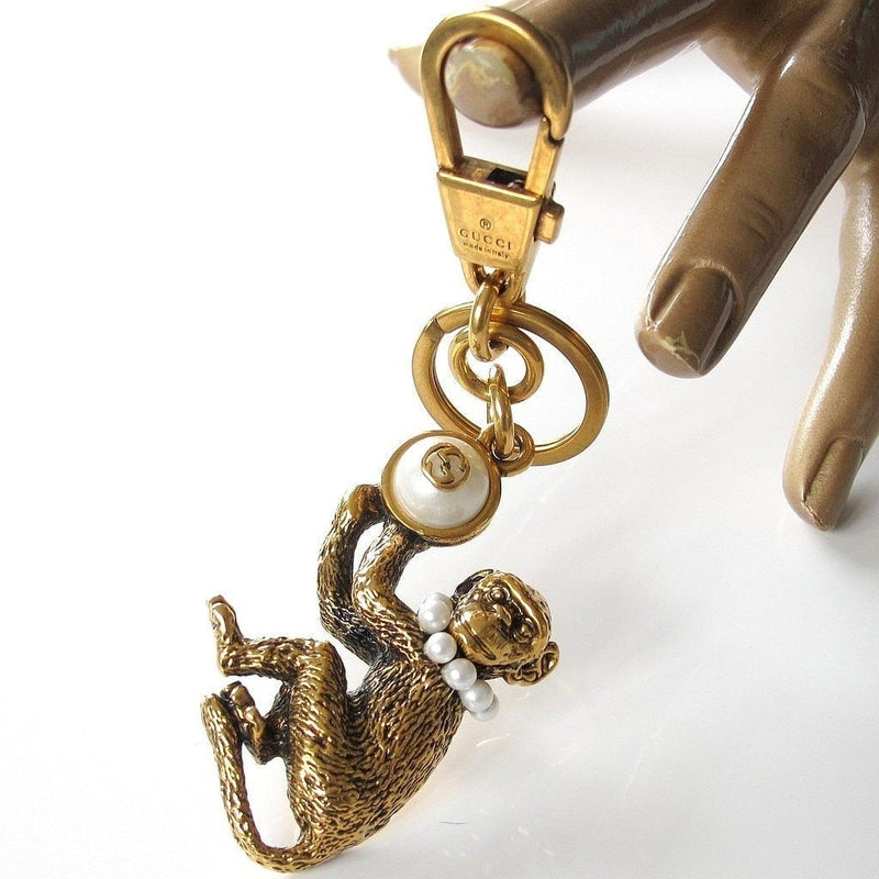 GUCCI Carved Brass & Pearls Monkey KeyRing, Bag Charm - poupishop
