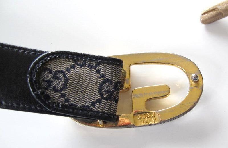 Vintage Gucci Canvas Leather Monogram Belt with Single G Gold Buckle