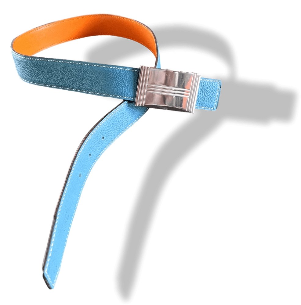 Hermes [1] 2004 Orange Box/Jeans Blue Togo Reversible Leather Strap Belt 32 MM Sz75, NIB! - poupishop