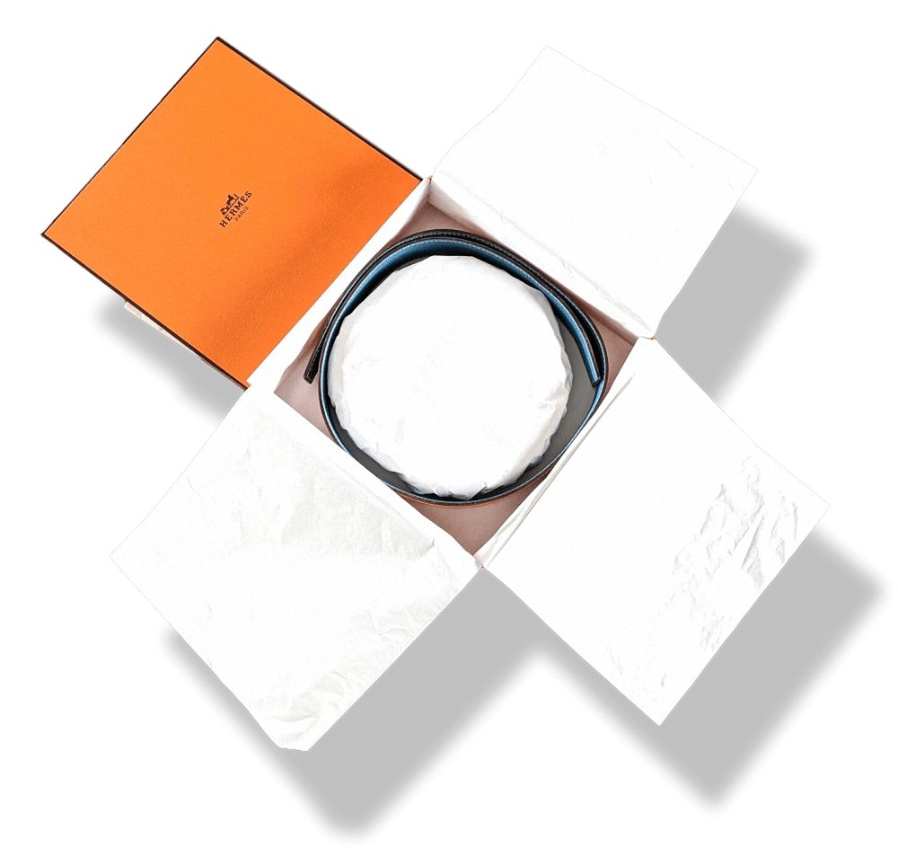 Hermes [1] 2004 Orange Box/Jeans Blue Togo Reversible Leather Strap Belt 32 MM Sz75, NIB! - poupishop