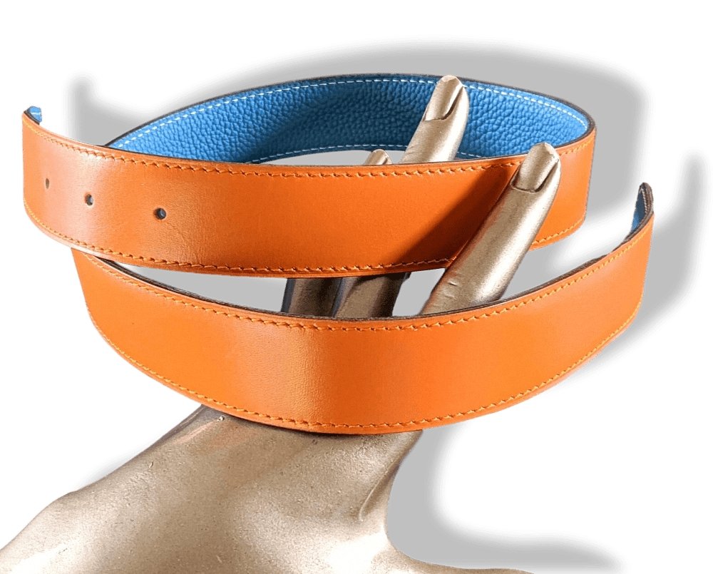Hermes [1] 2004 Orange Box/Jeans Blue Togo Reversible Leather Strap Belt 32 MM Sz75, NIB! - poupishop