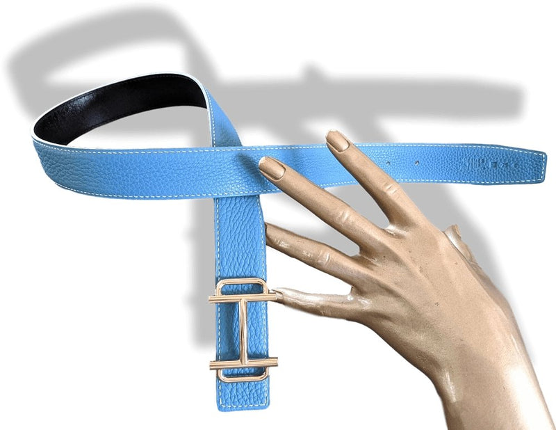 Hermes [10] 2003 Black Box/Blue Togo Reversible Leather Strap Belt 32 MM Sz75, NIB! - poupishop