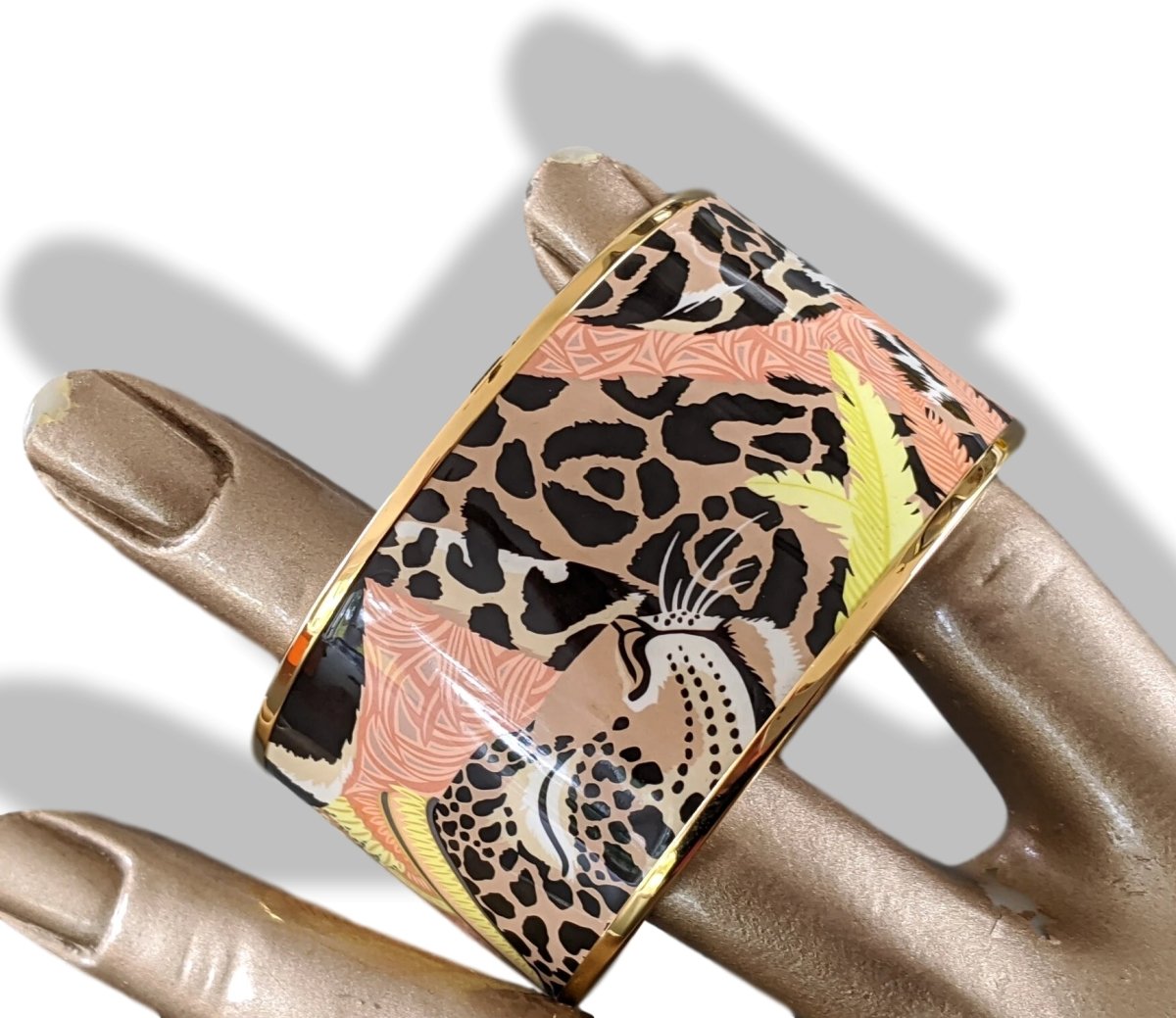 Hermes [100] Noir/Green/Rose/Gold JAGUAR QUEZAL XL Wide Printed Enamel Bangle Bracelet Sz65, BNIB! - poupishop