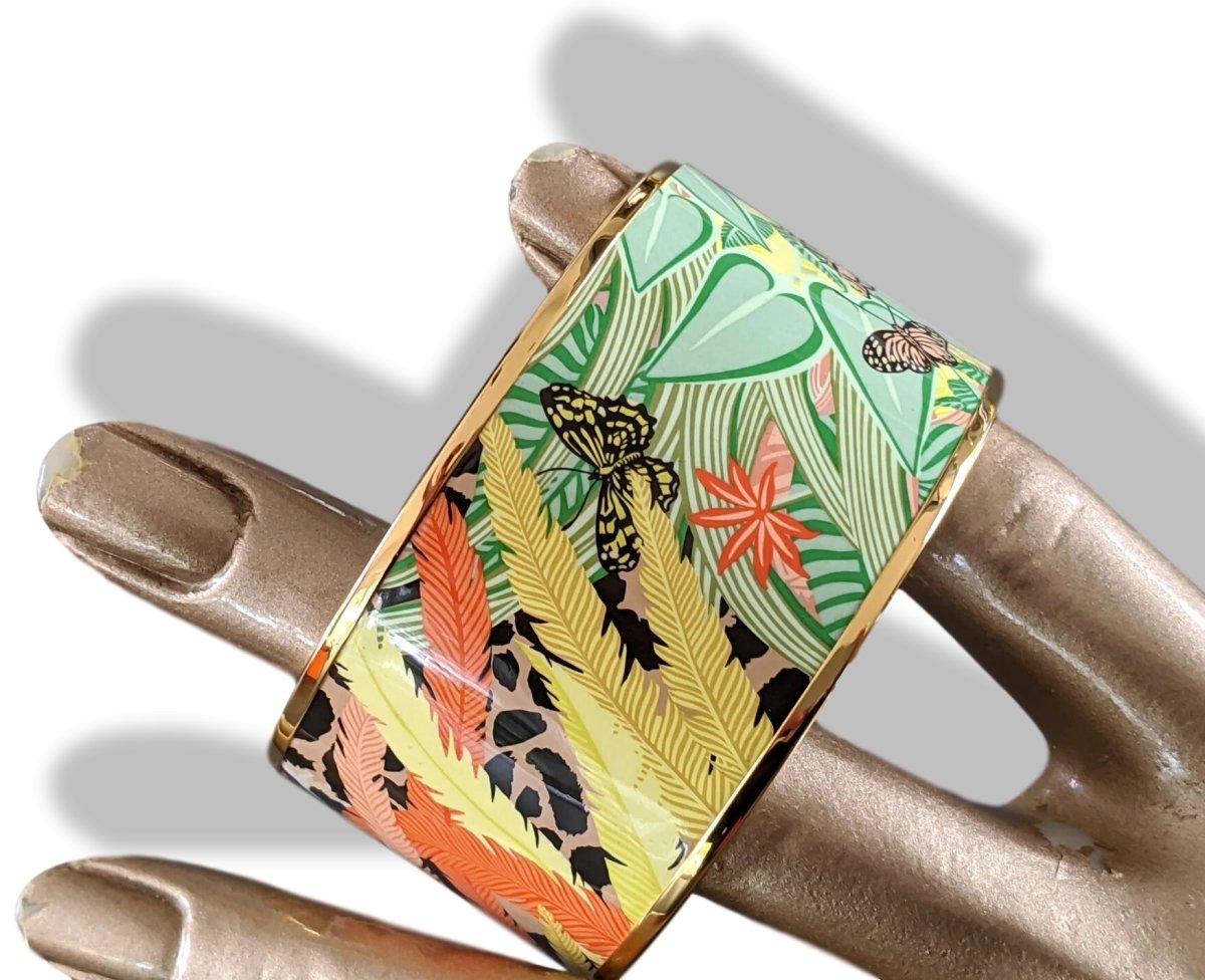 Hermes [100] Noir/Green/Rose/Gold JAGUAR QUEZAL XL Wide Printed Enamel Bangle Bracelet Sz65, BNIB! - poupishop