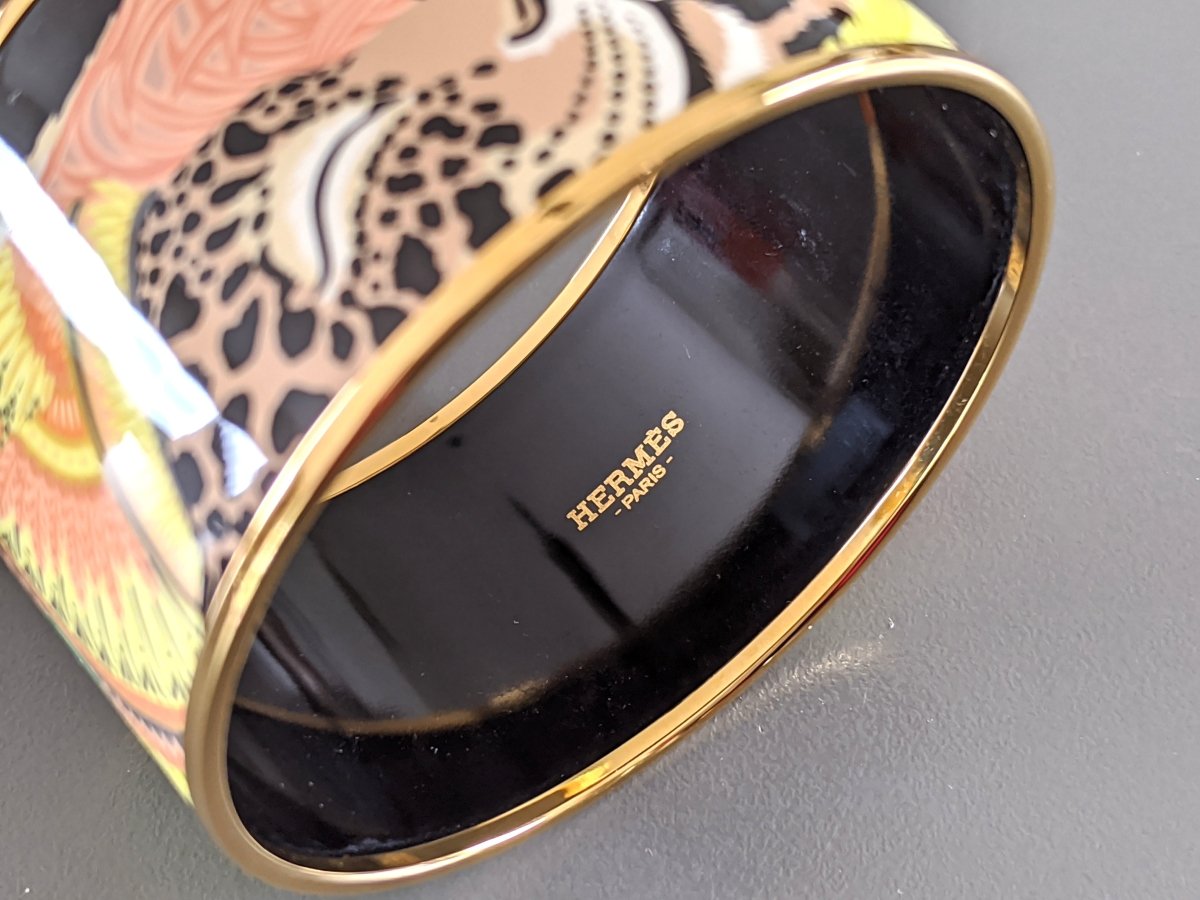 Hermes [100] Noir/Green/Rose/Gold JAGUAR QUEZAL XL Wide Printed Enamel Bangle Bracelet Sz65, BNIB! - poupishop
