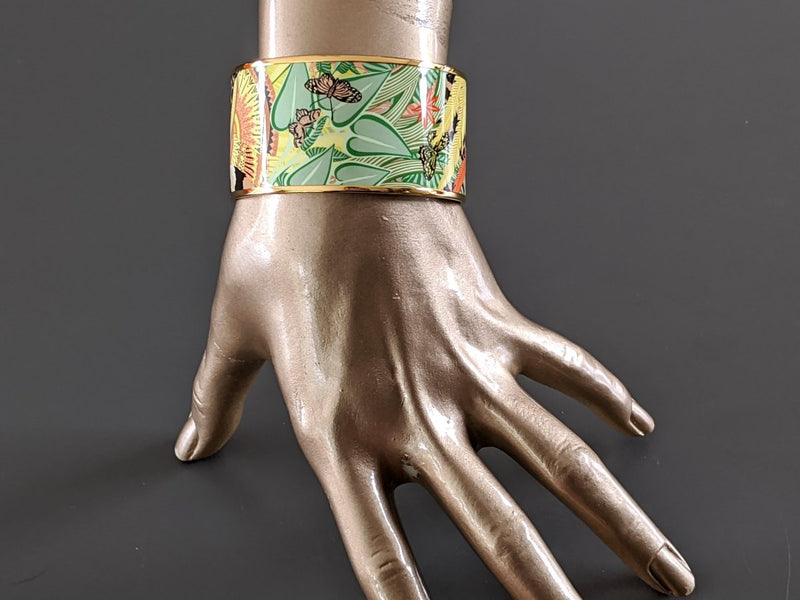 Hermes [100] Noir/Green/Rose/Gold JAGUAR QUEZAL XL Wide Printed Enamel Bangle Bracelet Sz65, BNIB! - poupishop