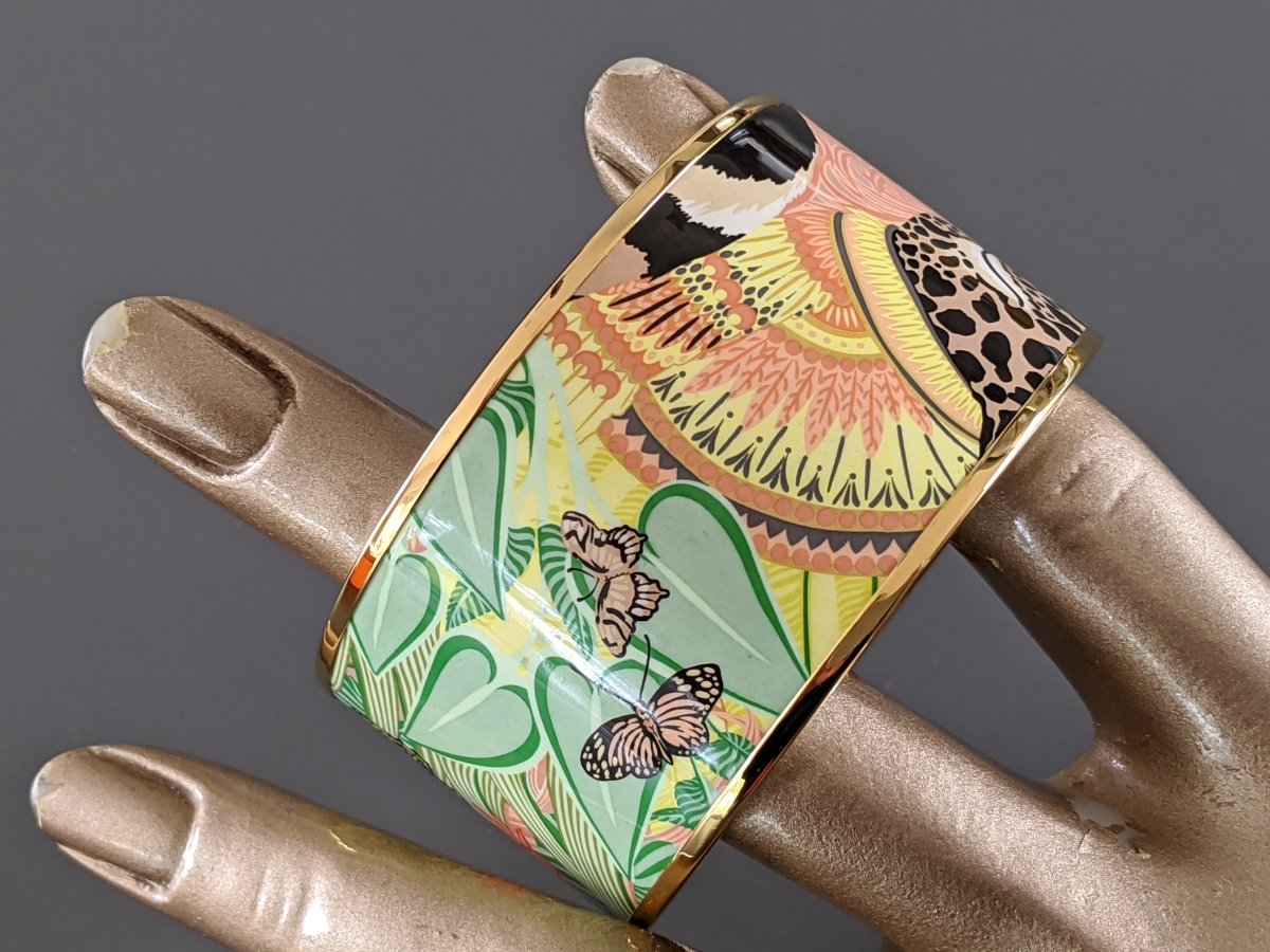 Hermes [100] Noir/Green/Rose/Gold JAGUAR QUEZAL XL Wide Printed Enamel Bangle Bracelet Sz65, BNIB! - poupishop