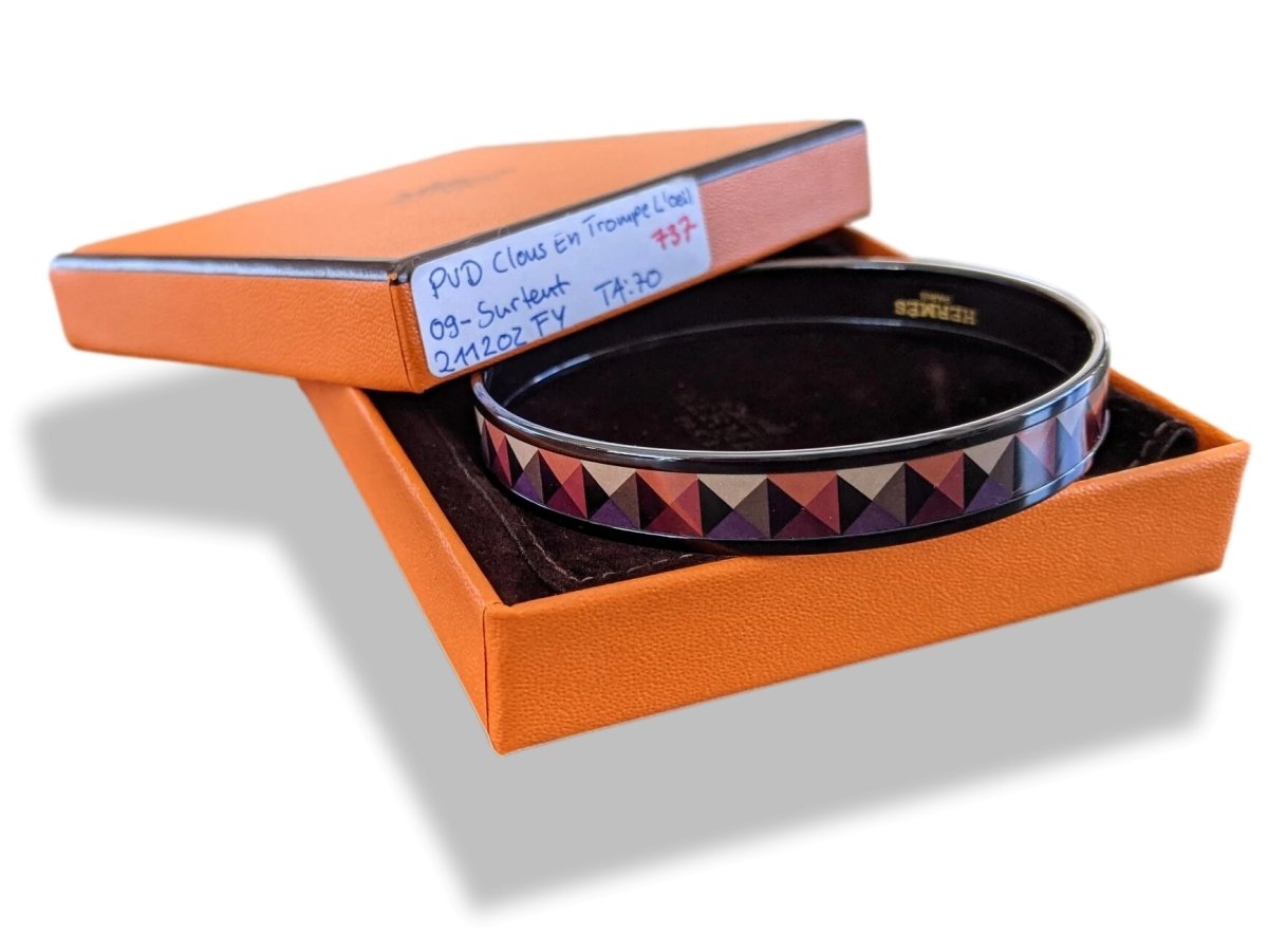 Hermes [103] 09- Surteint Enamel CLOUS EN TROMPE L'OEIL PVD Narrow Bangle Bracelet Sz 070, BNIB! - poupishop