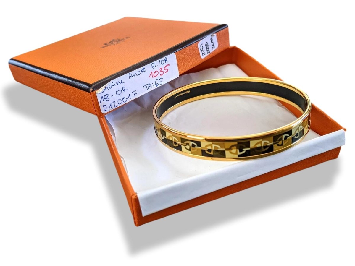 Hermes [104] 18- Or Enamel OPTIQUE CHAINE D'ANCRE GHW Narrow Bangle Bracelet Sz 070, BNIB! - poupishop