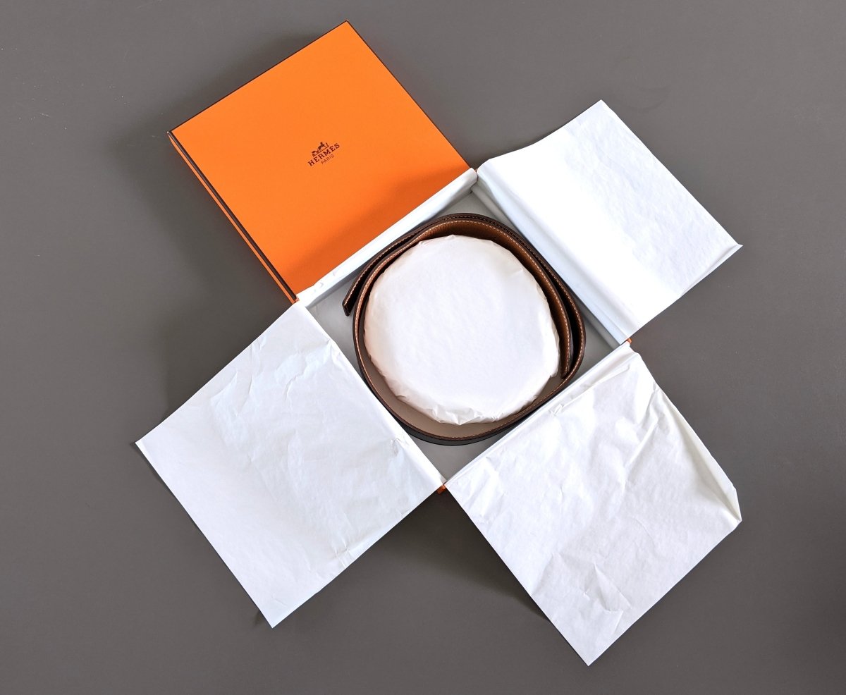 Hermes [104] 2004 Black/ Gold Box Togo Reversible Leather Strap Belt 32 MM Sz 75, NIB! - poupishop