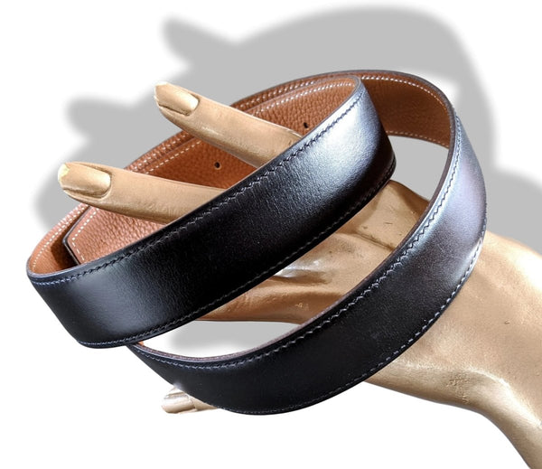 Hermes [106] 2004 Black Box/Gold Togo Reversible Leather Strap Belt 32 MM Sz 75, NIB! - poupishop