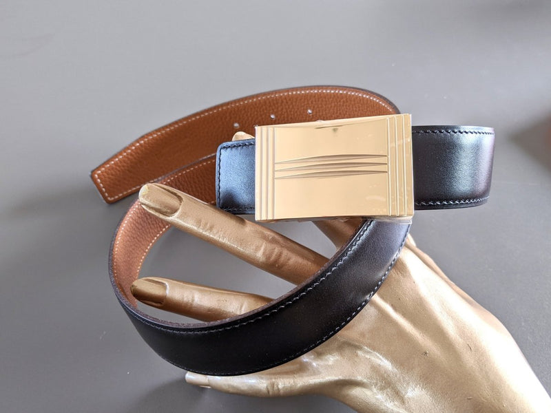 Hermes [106] 2004 Black Box/Gold Togo Reversible Leather Strap Belt 32 MM Sz 75, NIB! - poupishop