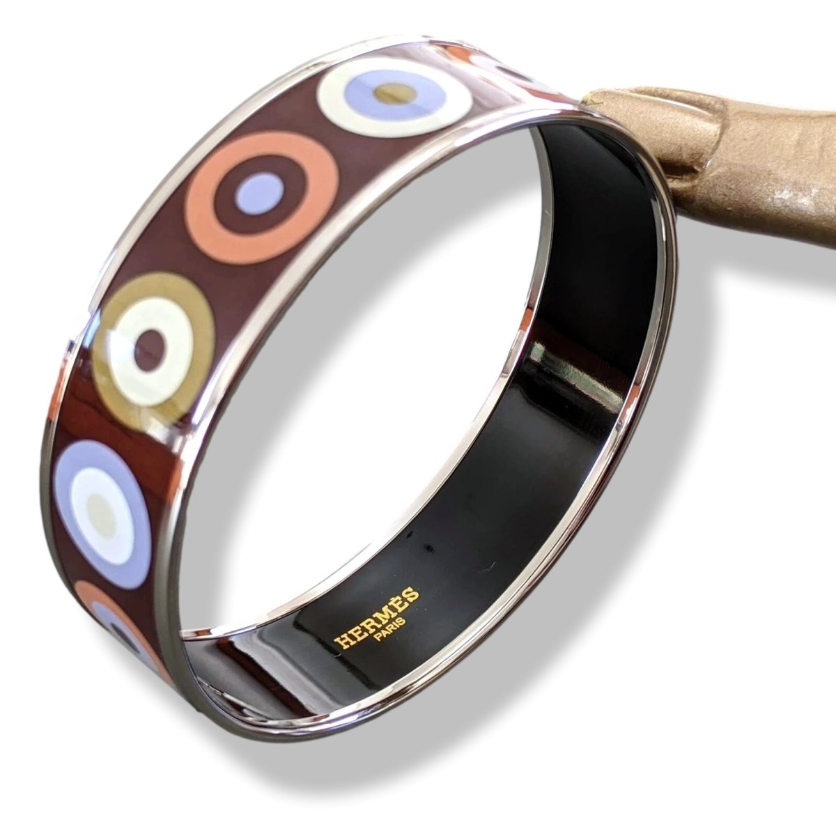 Hermes [106] Col.11 Enamel DANCING CIRCLES PHW Wide Bangle Bracelet Sz70, BNIB! - poupishop