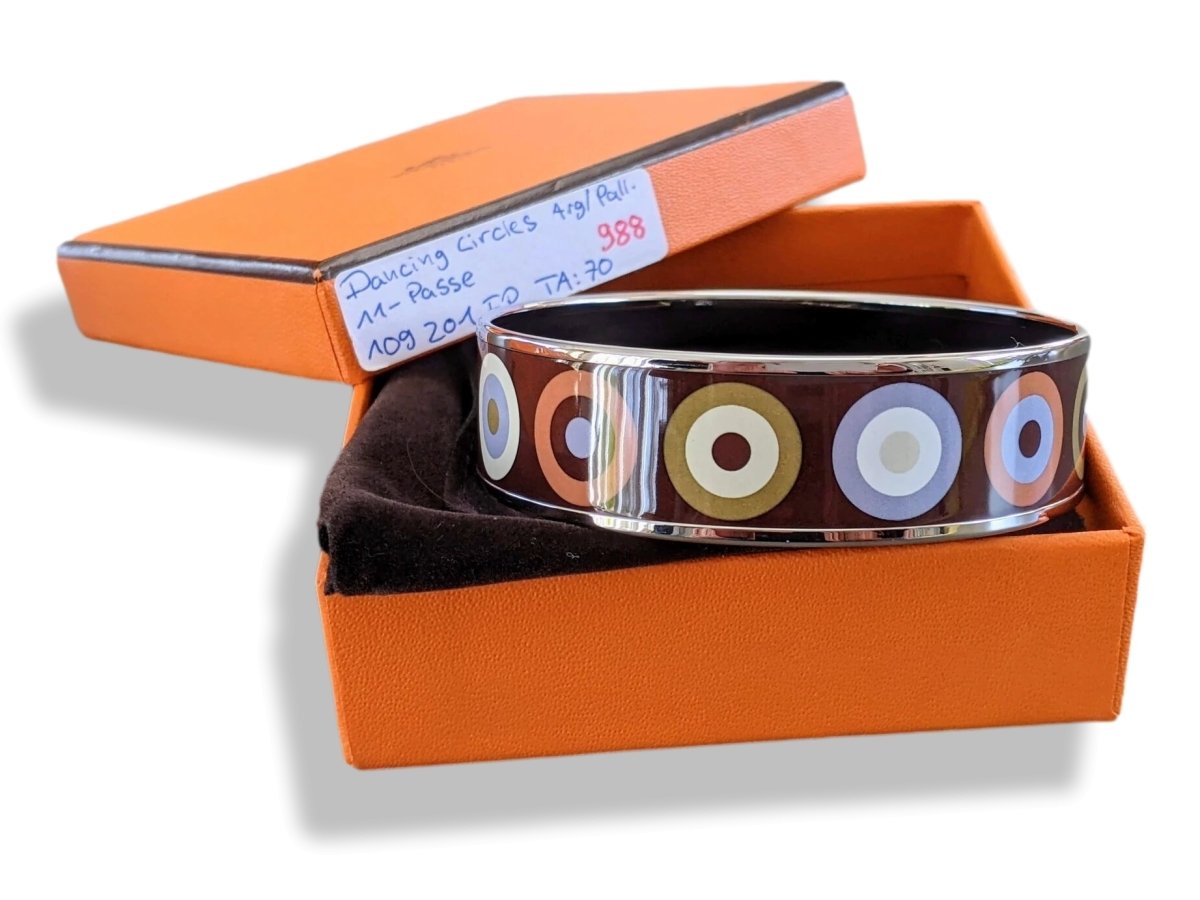 Hermes [106] Col.11 Enamel DANCING CIRCLES PHW Wide Bangle Bracelet Sz70, BNIB! - poupishop