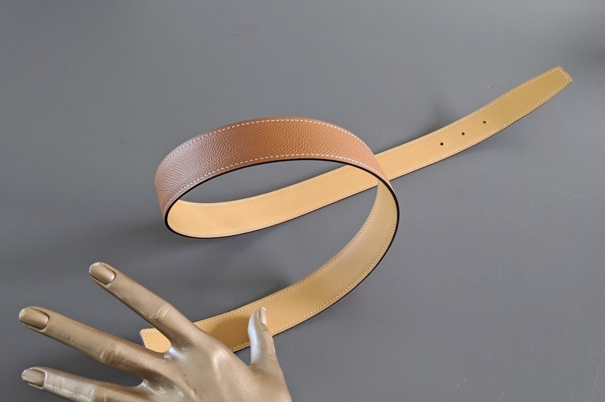 Hermes [107] 1960s Gold Epsom/Safran Swift Reversible Leather Strap Belt 32 MM Sz 80, NIB! - poupishop
