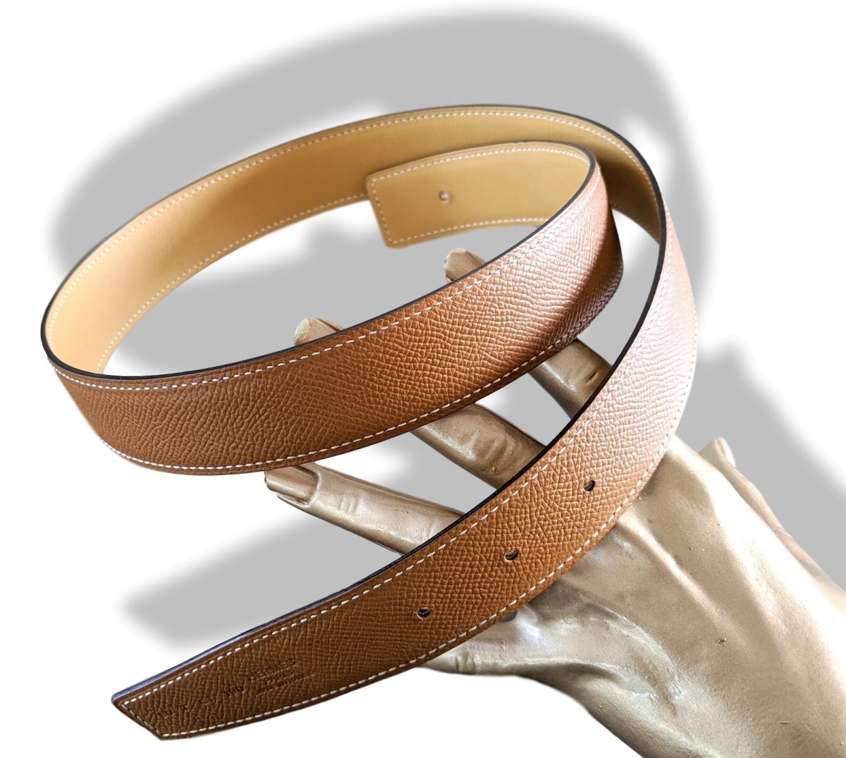 Hermes [107] 1960s Gold Epsom/Safran Swift Reversible Leather Strap Belt 32 MM Sz 80, NIB! - poupishop